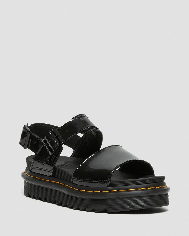 Dr Martens Voss Lak Læder Sandaler Med Rem Dame Sort | DK 330XYU